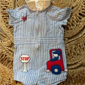 Vintage Striped Baby Romper with Car and Stop Sign Patches